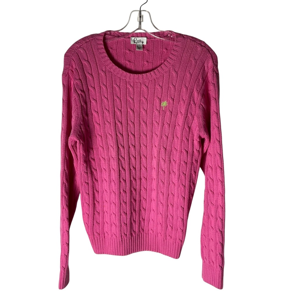 Lilly Pulitzer Womens Cable-Knit Cotton Logo Pullover‎ Sweater Solid Pink Medium